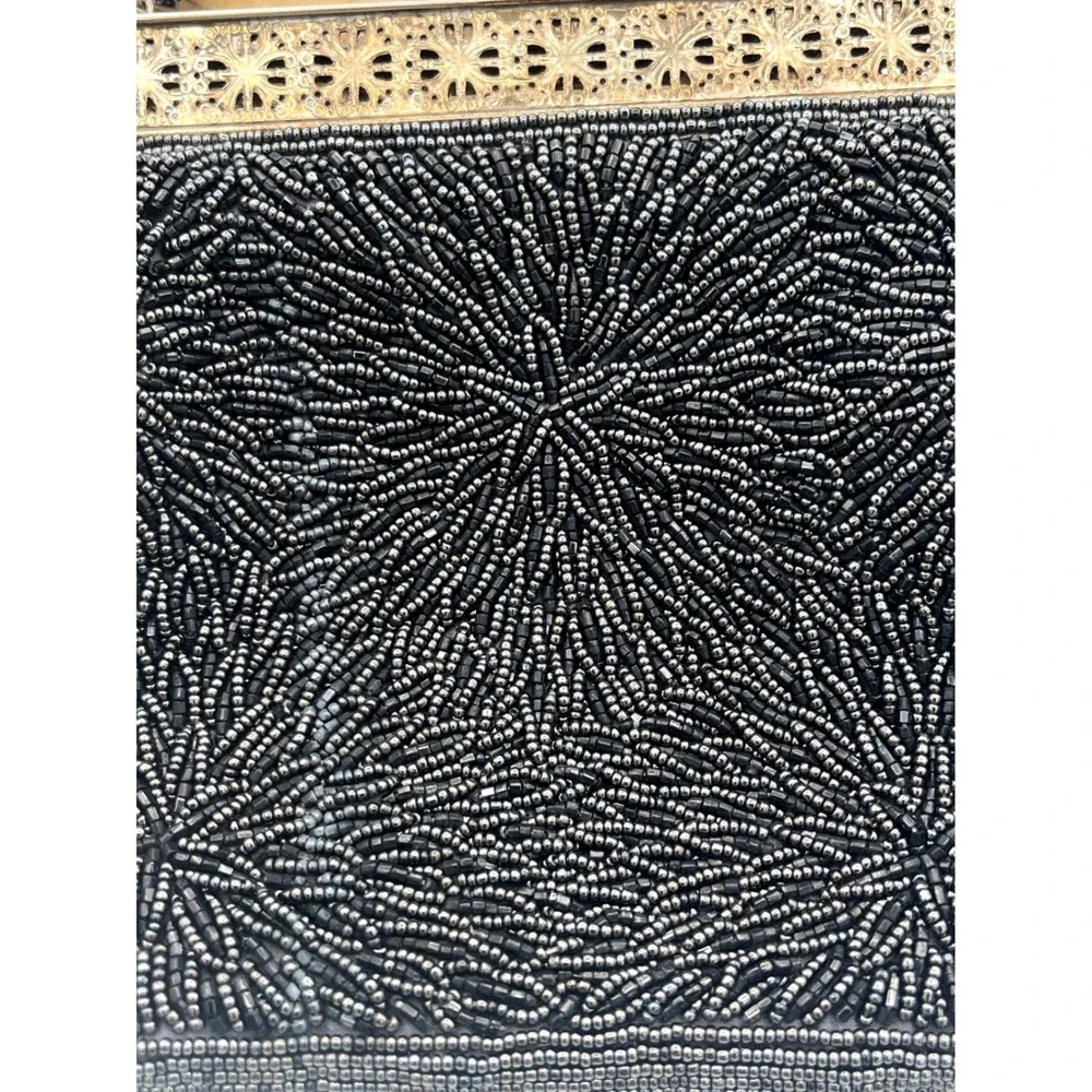 Vtg Beaded Blk Starburst Evening Bag Silver Filigree Kiss Lock Purse Mid century